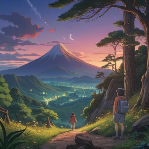 A serene landscape of Mount Tsukuba, mystical atmosphere, subtle glowing symbols in the air, hikers observing the signs, lush greenery surrounding the mountain, soft mist enveloping the peak, tranquil setting, signs of spiritual warnings depicted artistically, 4k