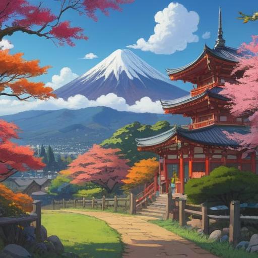 A scenic view of Mount Tsukuba, featuring a lucky charm, vibrant colors, serene landscape, traditional Japanese elements, visitors enjoying the scenery, detailed flora and fauna, clear blue sky, sense of adventure, 4k
