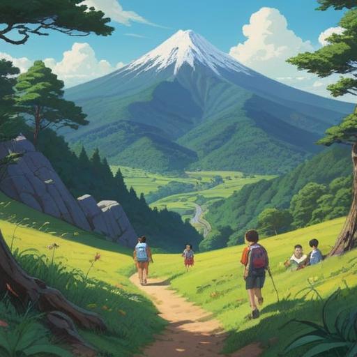 A serene landscape illustration of Mount Tsukuba, lush greenery surrounding the mountain, people enjoying outdoor activities like hiking and picnicking, a clear blue sky, memories of joyful moments, sunbeams filtering through trees, vibrant flowers in the foreground, tranquil atmosphere, capturing the essence of relaxation and connection with nature, 4k