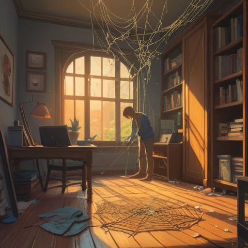 A serene scene depicting a person gently cleaning a spider web in a sunlit room, warm golden rays illuminating the space, the web sparkling with morning dew, a sense of tranquility and purification, small plants in the background symbolizing growth, soft focus on the character's peaceful expression, ethereal light creating a spiritual ambiance, 4k