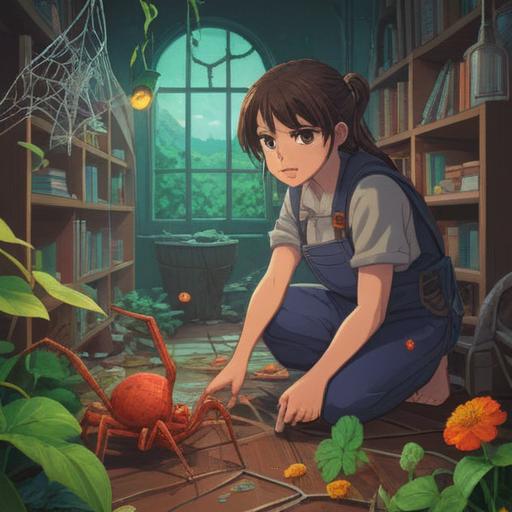 A serene scene depicting a person successfully cleaning spider webs, surrounded by various lucky items such as a four-leaf clover, a horseshoe, and a lucky charm, bright sunlight filtering through trees, cheerful atmosphere, a sense of accomplishment, 4k