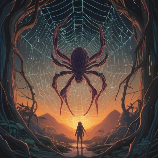 A spiritual illustration depicting a figure entangled in a spider's web, symbolizing complexity and interconnectedness, ethereal light illuminating the scene, intricate web patterns representing fate and destiny, serene facial expression reflecting contemplation, dreamlike atmosphere, nature elements surrounding the figure, 4k