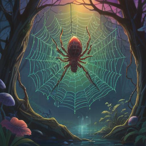 A mystical scene depicting a shimmering spider web, with ethereal light illuminating the threads, symbols of good fortune woven into the web, vibrant and colorful background of nature, gentle breeze creating movement, serene atmosphere conveying spiritual meaning, intricate details showcasing the web's pattern, enchanting and uplifting mood, 4k