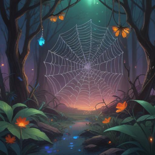 A mystical scene depicting a spider web glistening in the morning light, ethereal glow surrounding the web, symbolic elements like feathers and crystals embedded within, a shadowy figure observing from a distance, subtle hints of nature with trees and a soft breeze, deep introspection and awareness conveyed through the environment, colorful and vibrant, 4k