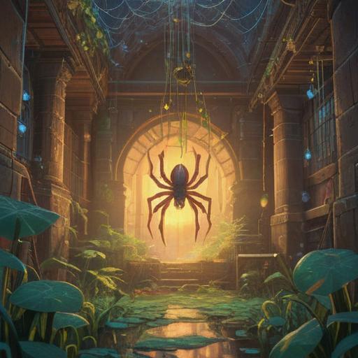 A whimsical scene depicting a lucky item caught in a spider's web, shimmering in the sunlight, surrounded by glistening dewdrops, intricate patterns of the web, vibrant colors, a sense of magic in the air, serene forest background, enchanting atmosphere, 4k