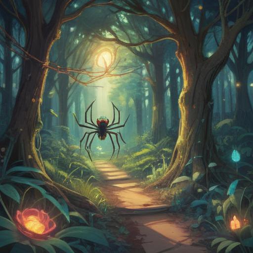 A tranquil forest scene, shimmering spider silk glistening in the sunlight, delicate threads weaving through branches, unexpected gifts hidden within the web, magical atmosphere, sense of discovery, nature's surprises waiting to be uncovered, intricate details, vibrant greenery, enchanting feel, 4k
