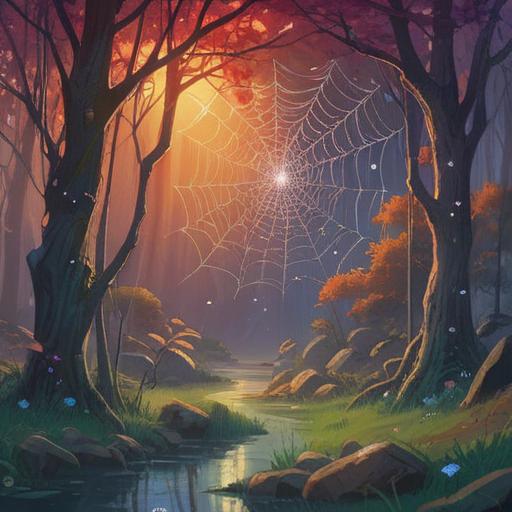A symbolic representation of spiritual meaning, intricate web design, ethereal light shining through, soft focus on a spider web, interconnectedness of life, symbolism of connection and entrapment, nature elements surrounding the web, serene atmosphere, mystical and contemplative mood, 4k