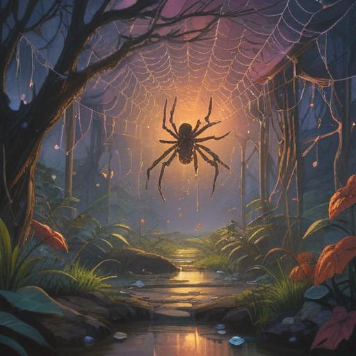 A serene and mystical scene featuring a spider web illuminated by soft, ethereal light, symbolizing spiritual guidance and positivity, delicate dewdrops glistening on the strands of the web, a tranquil forest background with gentle rays of sunlight filtering through the trees, an aura of calm and introspection, vivid colors highlighting the beauty of nature, 4k