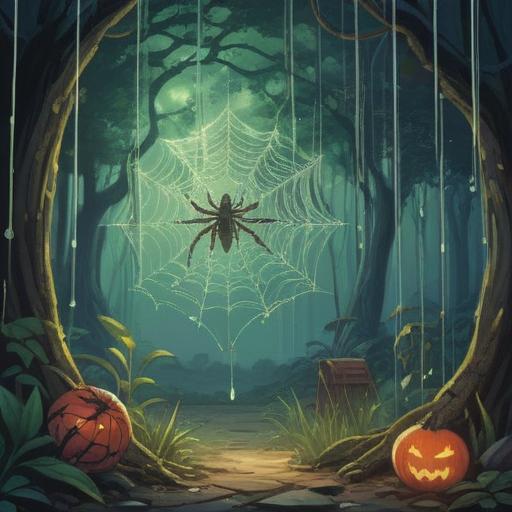 A serene scene featuring a delicate lucky charm caught in a shimmering spider's web, glistening dew drops on the web reflecting sunlight, soft-focus background of a tranquil forest, ethereal light filtering through the leaves, the charm intricately designed with symbols of good fortune, vibrant colors contrasting with the web's intricate patterns, a sense of peace and magic, 4k