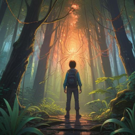 A mystical forest scene, a person standing still with awe as a large, ethereal spider weaves a shimmering web, soft rays of sunlight filtering through the trees, vibrant green foliage, a sense of spiritual awakening, symbolism of transformation and connection, detailed texture of the spider and web, tranquil atmosphere, 4k