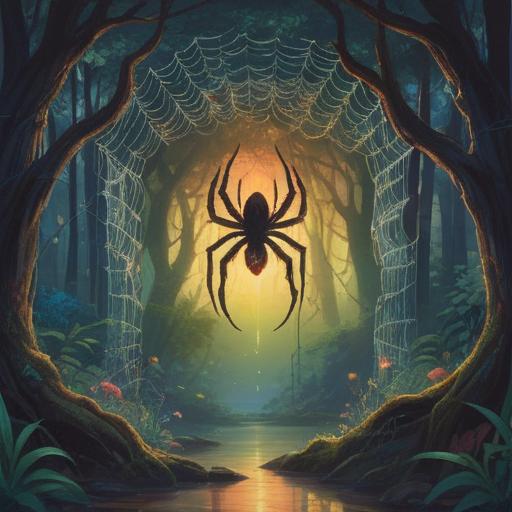 A mystical scene featuring a large, majestic spider weaving a shimmering web, surrounded by a vibrant forest filled with ethereal light, symbols of positivity and spiritual growth integrated into the web, a sense of tranquility and enlightenment permeating the atmosphere, harmonious colors, enchanting details, conveying a message of good omens and spiritual connection, 4k