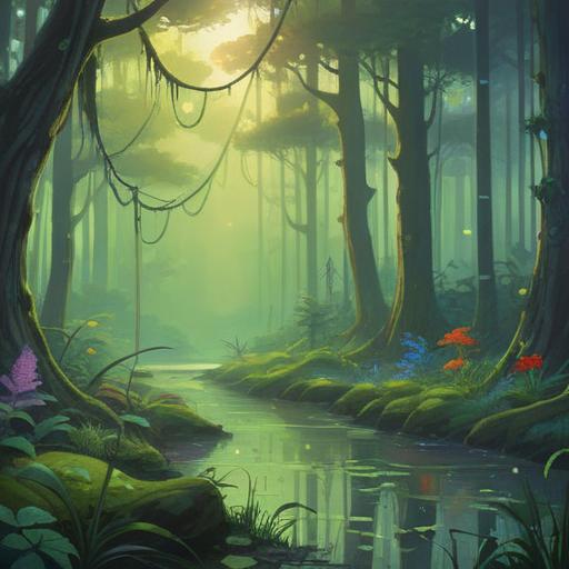 A serene forest scene, a large spiderweb glistening in the morning dew, a sense of caution in the air, a figure observing the web carefully, symbolic hints of spiritual guidance, lush green foliage, soft sunlight filtering through the trees, intricate details on the spider and web, 4k