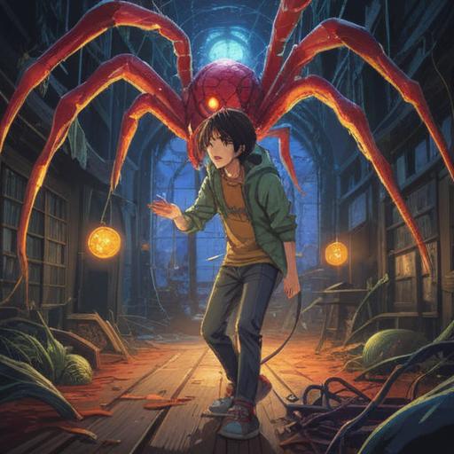 A detailed illustration of a person excitedly discovering a shiny object after spotting a spider, vibrant colors, a sense of wonder, lush greenery in the background, morning light filtering through the trees, whimsical and magical atmosphere, expressive facial expressions, rich textures, 4k