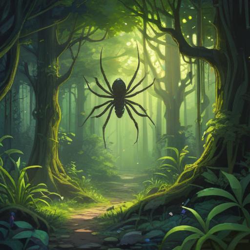 A mystical scene depicting the emergence of a spider symbolizing good fortune, lush green foliage in a tranquil forest, sunlight filtering through the leaves, the spider gracefully weaving its intricate web, vibrant flowers blooming nearby, a serene atmosphere filled with hope and prosperity, detailed natural elements, magical realism, 4k