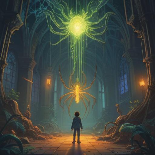 A spiritual illustration depicting a spider descending in front of a person, ethereal light surrounding the scene, symbolic representation of transformation and connection to hidden knowledge, intricate web patterns reflecting cosmic energies, serene facial expression of the person, nature background with soft focus, mystical atmosphere, vibrant colors, 4k