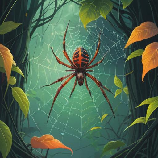 A close-up of a spider gracefully descending from a web, clear symbolic imagery, mystical atmosphere, soft light filtering through leaves, representing spiritual guidance, detailed focus on spider's intricate patterns, serene environment, subtle hints of enlightenment and awareness, nature elements surrounding, 4k