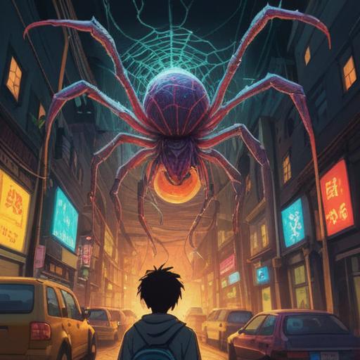 A dynamic scene depicting a spider descending in front of a person, vibrant colors, a feeling of surprise and wonder, the person showing excitement and joy, the spider symbolizing good luck, sparkling light surrounding the spider, an enchanting forest background, capturing the moment of fortune, emotional facial expressions, 4k