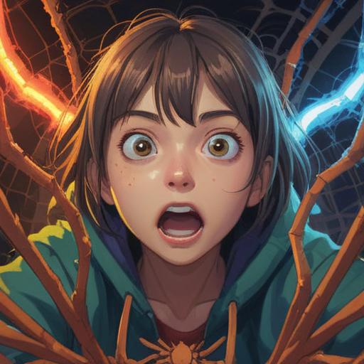 A close-up of a surprised person with wide eyes, a spider gently descending from above, sparkling light surrounding the spider symbolizing good luck, a soft focus background of a sunny day, vibrant colors, a feeling of excitement and anticipation, magical atmosphere, 4k