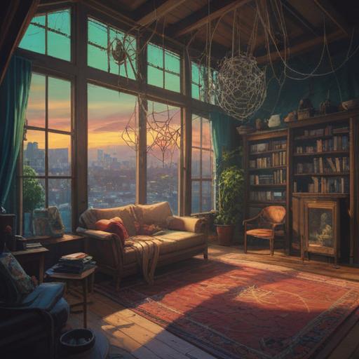 A mystical illustration of a house filled with numerous spiders, intricate webs adorning the corners, soft light filtering through the windows, an ethereal atmosphere, subtle spiritual symbols, a sense of transformation and renewal, rich textures and details, nature intertwined with the interior, 4k