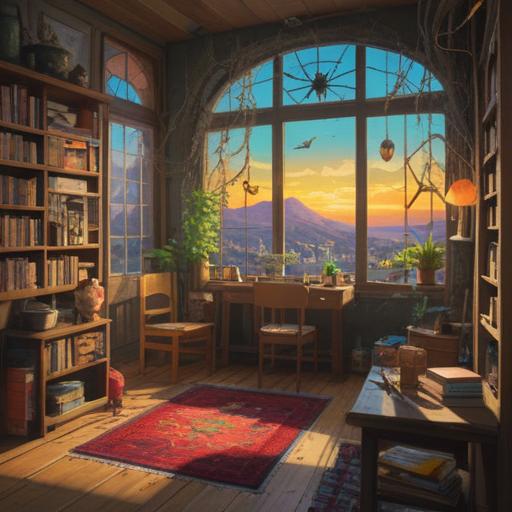 A cozy home filled with cobwebs, a harmonious atmosphere, symbolic spiders weaving intricate patterns, sunlight streaming through windows, representing spiritual protection and good fortune, serene indoor environment, warm colors, peaceful energy, inviting spaces, spiritual symbolism, 4k