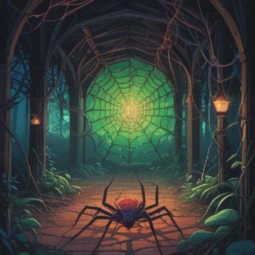 A mystical scene depicting an abundance of spiders, intricate web patterns glistening in the light, ethereal glow surrounding the spiders, symbols of spiritual signs woven into the webs, a tranquil forest setting, soft sunlight filtering through the trees, a sense of caution and awareness, detailed textures of the spiders and webs, 4k