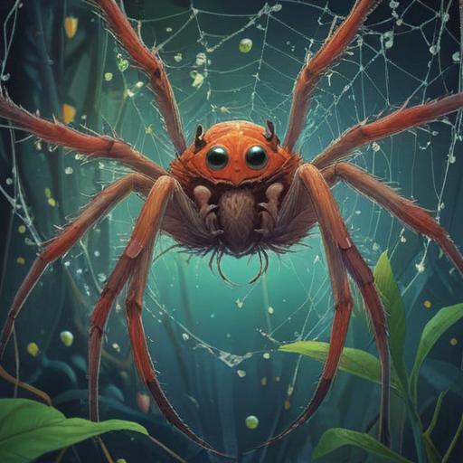 A mystical illustration featuring a spider gently resting on a shimmering web, adorned with sparkling dew drops, symbolizing spiritual connection and transformation, surrounded by an ethereal light in a serene forest setting, vibrant colors, intricate details, capturing a sense of tranquility and enlightenment, 4k