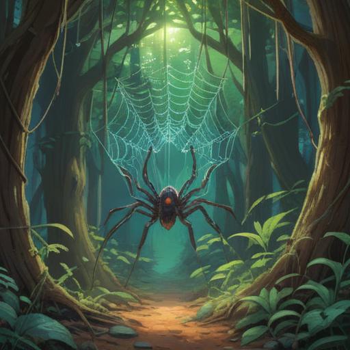 A serene illustration depicting a spider weaving its intricate web in a tranquil forest, soft sunlight filtering through the leaves, lush greenery surrounding, symbolic of connection and spiritual guidance, delicate details in the web reflecting harmony and balance, ethereal atmosphere, representing positive omens and spiritual insights, vibrant colors, 4k
