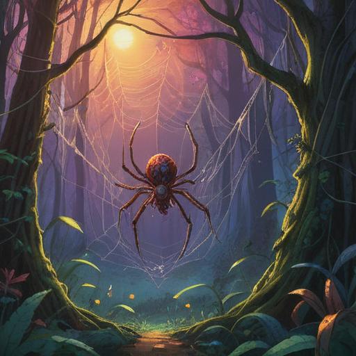 A surreal illustration of a spider weaving a web, shimmering threads catching the light, a mystical forest backdrop, ethereal glow surrounding the spider, symbols of intuition and awareness hidden within the web, tranquil yet alert atmosphere, spiritual guidance themes, 4k