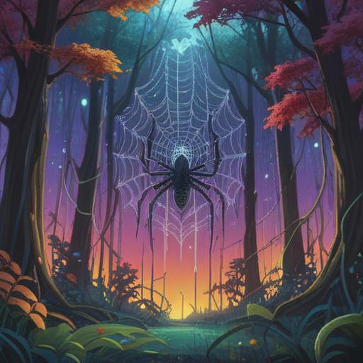 A mystical scene depicting a spider weaving a shimmering web, illuminated by ethereal light, surrounded by vibrant nature, symbolic elements representing dreams and intuition, a serene atmosphere, intricate details of the spider and web, capturing the spiritual essence, 4k