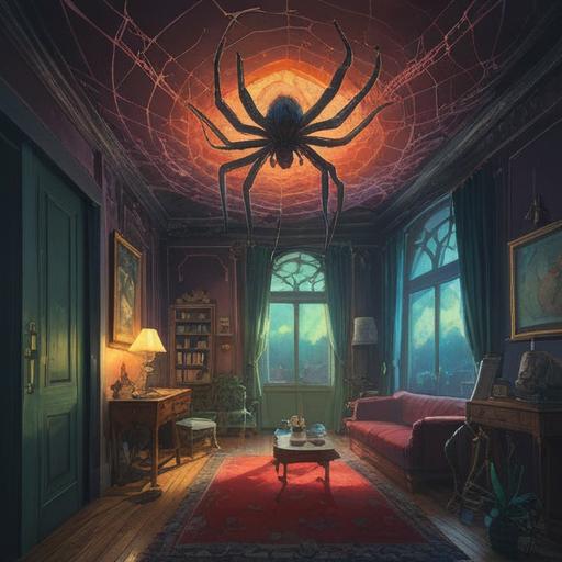 A surreal and mystical illustration of a spider appearing in a room, soft ethereal lighting, a sense of spiritual awakening, symbolic elements like crystals and candles, intricate web patterns, dreamy color palette, an atmosphere of tranquility and introspection, detailed interior design, light streaming through a window, evoking a sense of wonder and curiosity, 4k