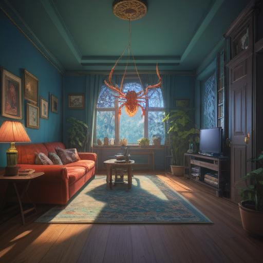 A serene and ethereal room, softly illuminated by natural light, a gracefully perched spider at the center, symbolizing protection and wisdom, delicate webs shimmering in the light, calming atmosphere, hints of nature visible through the window, spiritual essence conveyed through soft colors, a touch of mystique in the air, cozy and inviting, 4k