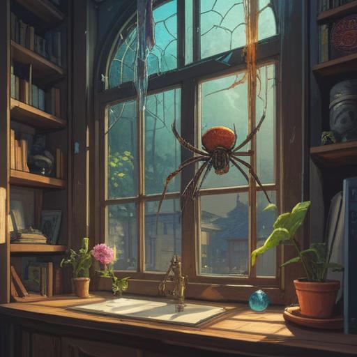 A serene and mystical room interior, a spider delicately perched on a windowsill, soft natural light streaming through the window, symbolic representations of spiritual awareness, calming colors, subtle hints of nature surrounding the scene, an ambiance of tranquility and introspection, 4k