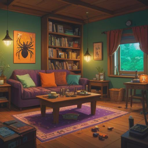 A cozy living room scene, a surprised person discovering a lucky charm after finding a spider, various lucky items displayed on a table, sunlight streaming through a window, warm colors, inviting atmosphere, details of the room's decor, symbolic representations of luck, 4k