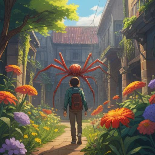 A person standing confidently after encountering a spider, embracing their fears, a bright and sunny environment, surrounded by blooming flowers, cheerful expression, taking a deep breath, feeling empowered, supportive friends in the background, playful atmosphere, vibrant colors, 4k