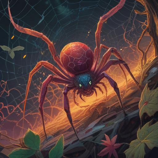 A mystical and spiritual representation of a spider molt, shimmering textures, symbolic transformation, delicate web patterns, ethereal lighting, nature's cycles, serene and contemplative atmosphere, vibrant colors, 4k