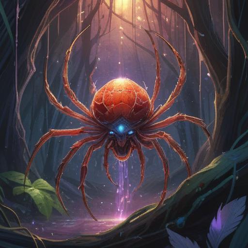 A mystical scene depicting a spider's molted shell, ethereal light shining through, surrounded by symbolic elements like feathers and crystals, a serene forest setting, hints of spirituality, soft focus on the shell, awakening intuition, 4k