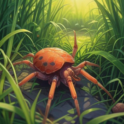 A serene outdoor scene, a spider's empty shell glistening in the sunlight, surrounded by lush green grass, the number 8 subtly integrated into the composition, a sense of mystery and good fortune, vibrant colors, intricate details, hint of nature's beauty, calming atmosphere, 4k