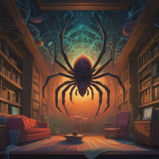A spiritual representation of a spider descending from the ceiling, symbolizing transformation and change, intricate details on the spider's body, ethereal light surrounding the scene, a calming atmosphere with soft shadows, a mystical setting, conveying a sense of introspection and awakening, harmonious connection with nature, 4k