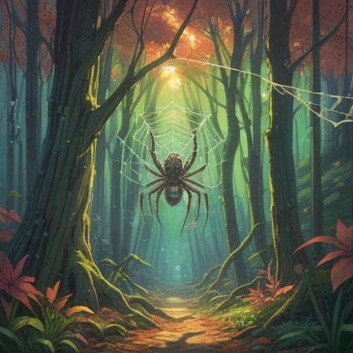 A serene, ethereal scene featuring a spider weaving its intricate web, dappled sunlight filtering through leaves, a sense of tranquility and connection to nature, symbolic representation of spiritual awakening, gentle colors, peaceful atmosphere, intricate details in the spider and web, 4k