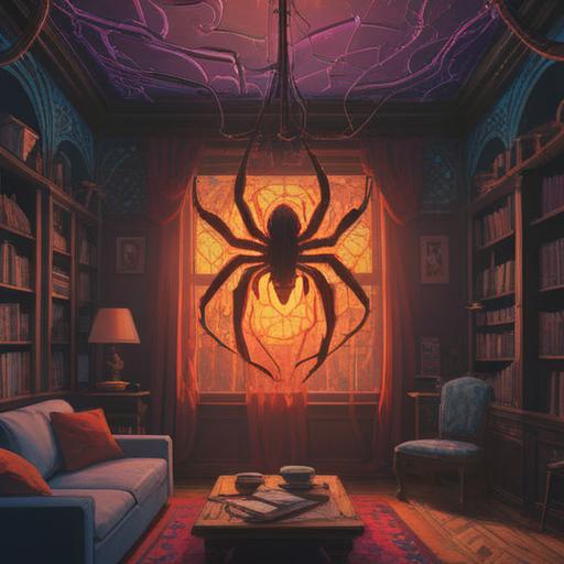A spider descending from the ceiling, vibrant and detailed, capturing a moment of surprise, symbolism of transformation and change, mystical aura surrounding the scene, soft lighting illuminating the spider's delicate features, an atmosphere of caution and awareness, depicting an intuitive connection to spiritual messages, a cozy room setting, 4k