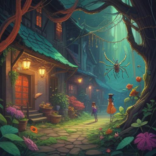 A whimsical scene depicting a vibrant, magical spider weaving a beautiful web, adorned with various lucky charms like four-leaf clovers and lucky coins, glowing softly in the moonlight, surrounded by lush greenery and sparkling fireflies, conveying a sense of transformation and positivity, enchanting atmosphere, 4k