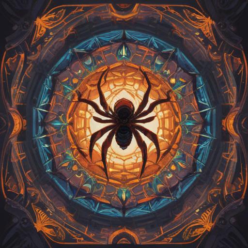 A spiritual illustration of a spider on a ceiling, representing the connection between the physical and spiritual realms, intricate web patterns, soft glowing light, ethereal atmosphere, symbolism of transformation and intuition, calming colors, detailed textures, 4k