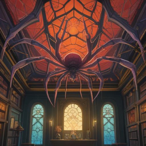 A mysterious scene depicting a ceiling spider weaving its web, intricate patterns symbolizing spiritual signs, soft ambient lighting casting gentle shadows, a tranquil atmosphere evoking positivity and guidance, detailed focus on the spider and its web, surrounded by subtle ethereal elements, 4k