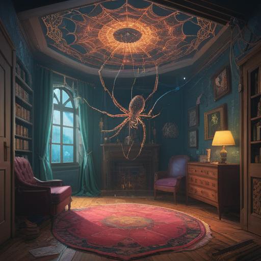 A mystical scene of a spider appearing on the ceiling, representing spiritual sign, dimly lit room, ethereal glow, intricate spider web patterns, subtle hints of energy around the spider, a feeling of caution and awareness, symbols of intuition and insight, natural elements intertwined, atmospheric and contemplative setting, 4k