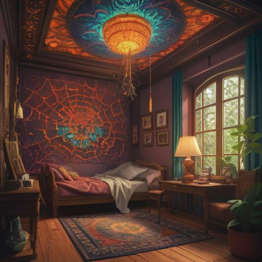 A positive talisman after seeing a spider on the ceiling, bright colors, warm light illuminating the talisman, intricate patterns representing good luck and protection, a serene and hopeful atmosphere, soft focus on the background with the spider subtly integrated, 4k
