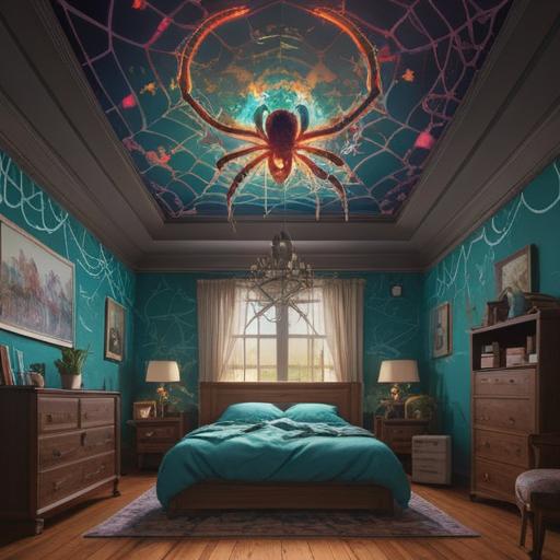 A thought-provoking illustration of a spider on the ceiling, symbolizing resilience and positivity, intricate web design, light filtering through a window, creating a warm and uplifting atmosphere, representation of personal growth and mindfulness, serene room setting, inspiring and calming imagery, 4k