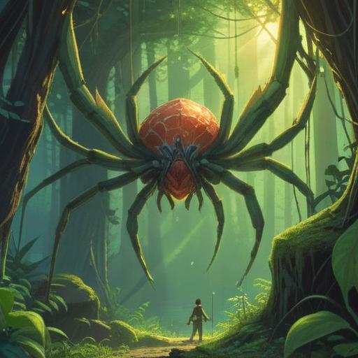 A serene scene depicting a person gently rescuing a spider, soft golden light illuminating the surroundings, lush green nature in the background, symbolic elements such as glowing orbs representing spiritual guidance, a sense of harmony and connection with nature, tranquil atmosphere, detailed expressions reflecting kindness and compassion, 4k