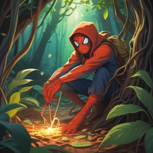 A serene scene depicting a person gently rescuing a spider, warm sunlight filtering through leaves, the spider glowing with a golden aura, vibrant flowers blooming around, symbols of luck such as four-leaf clovers and horseshoes scattered in the background, a sense of harmony and connection with nature, positive energy radiating, enchanting atmosphere, 4k