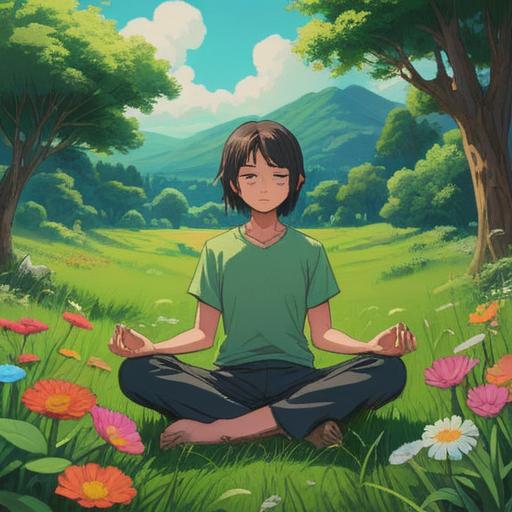 A serene scene of meditation in a tranquil setting, a person sitting cross-legged on a lush green meadow, surrounded by blooming flowers and gentle sunlight, vibrant butterflies fluttering around, a peaceful expression on their face, soft rays of light symbolizing positivity and luck, harmonious atmosphere, 4k