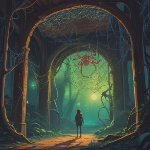 A mystical illustration of a spider weaving a shimmering web, soft ethereal light illuminating the scene, symbolic representations of positivity and spirituality, intricate details in the web design, surrounded by vibrant nature, a sense of connection between the natural and spiritual worlds, harmonious atmosphere, 4k